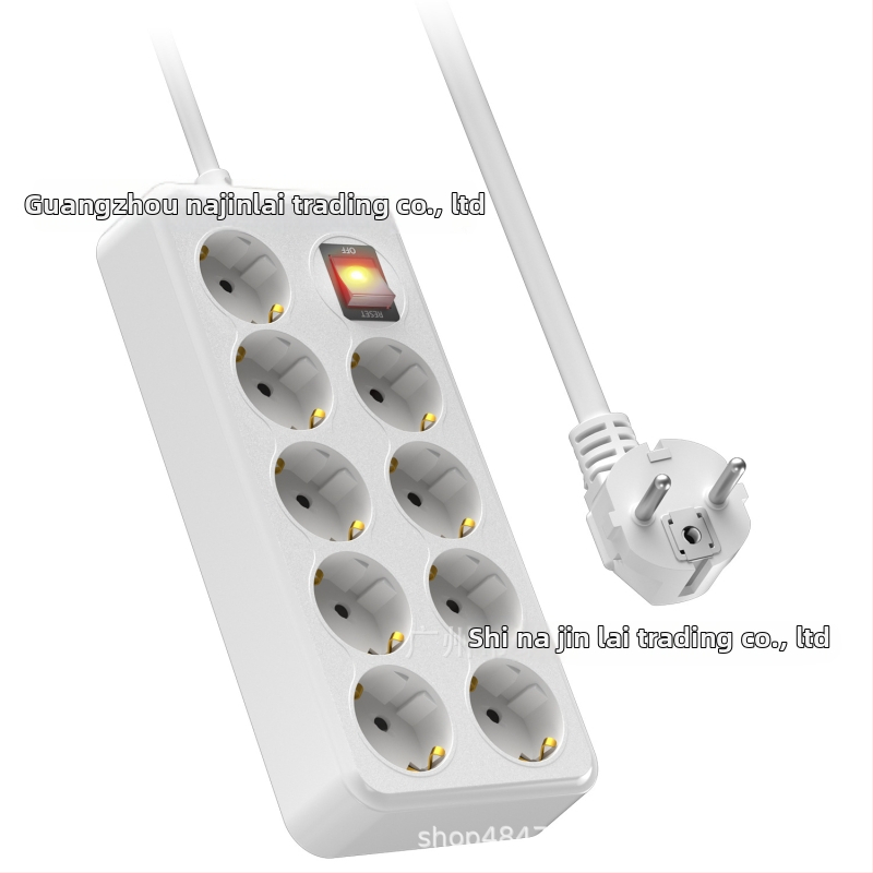 Napájací rozvádzač so 9 zásuvkami, bezpečnostnou clonou a dvojitým hlavným vypínačom — 10A, 100-250V AC, ohňovzdorný PC plášť, CE