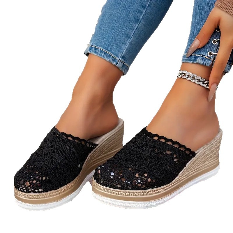 Moterų PU viršus sandalams su apvaliu priekstuku, klininis kulnas, laisvalaikio stilius, vasara 2025, guminis padas