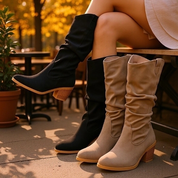 Ženske čizme za jahanje od velura, četvrtasti vrh, debeli srednji potpetica, srednja visina čizme, gumeni potplat