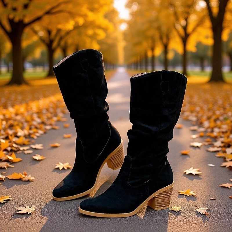 Ženske čizme za jahanje od velura, četvrtasti vrh, debeli srednji potpetica, srednja visina čizme, gumeni potplat