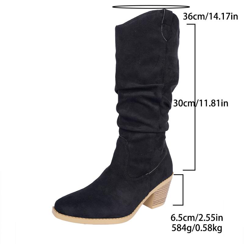 Ženske čizme za jahanje od velura, četvrtasti vrh, debeli srednji potpetica, srednja visina čizme, gumeni potplat