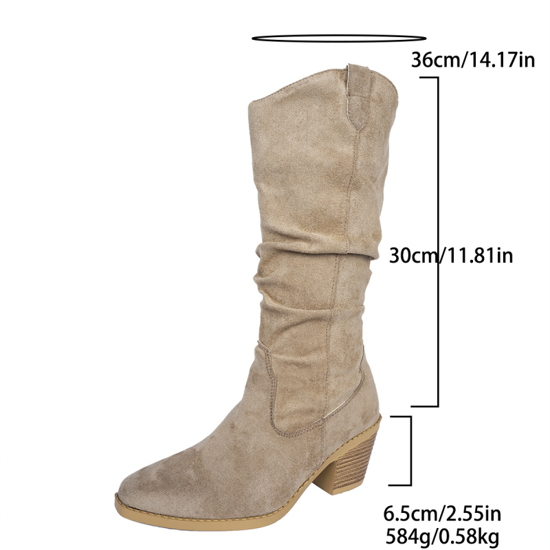 Ženske čizme za jahanje od velura, četvrtasti vrh, debeli srednji potpetica, srednja visina čizme, gumeni potplat