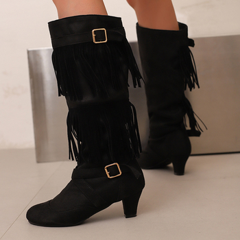 Ženske modne čizme s PU gornjim dijelom, gumom na potplatu, visokim šahtom, okrugla nosnica, debeli pet 6–8 cm