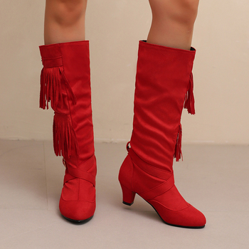 Ženske modne čizme s PU gornjim dijelom, gumom na potplatu, visokim šahtom, okrugla nosnica, debeli pet 6–8 cm