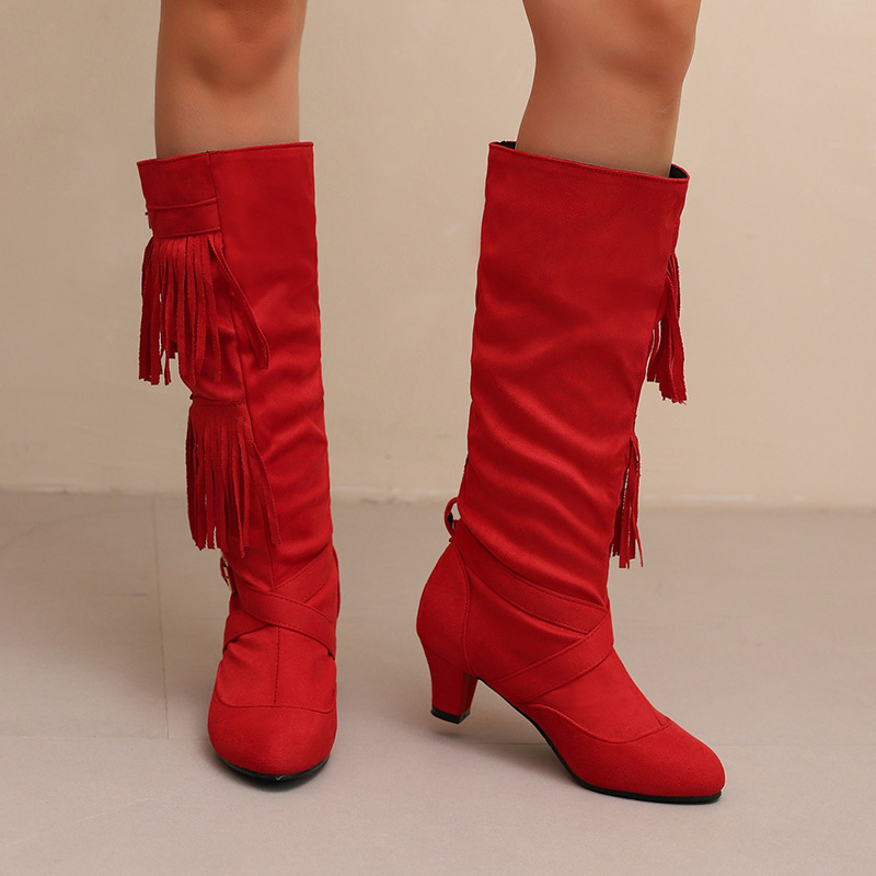 Ženske modne čizme s PU gornjim dijelom, gumom na potplatu, visokim šahtom, okrugla nosnica, debeli pet 6–8 cm