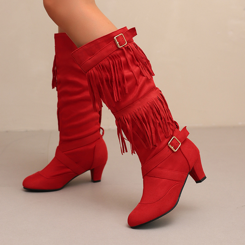 Ženske modne čizme s PU gornjim dijelom, gumom na potplatu, visokim šahtom, okrugla nosnica, debeli pet 6–8 cm