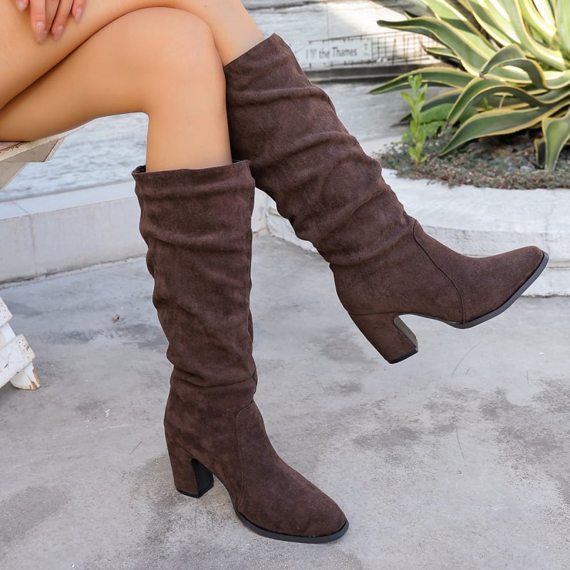 Ženske modne čizme: oštar vrh, široki potpet, visok shaft (gornji dio od sintetičke kože, EVA uložak, gumasta potplat)