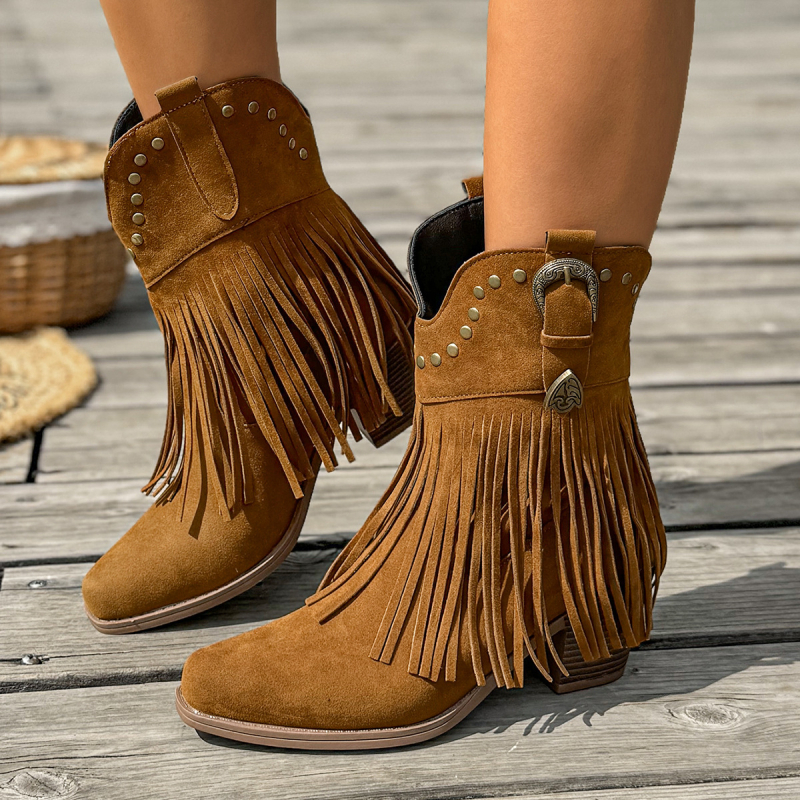 Čizme s resicama, velur gornji dio, oštar vrh, debeli potplat 6–8 cm, do polovine teleta, slip-on