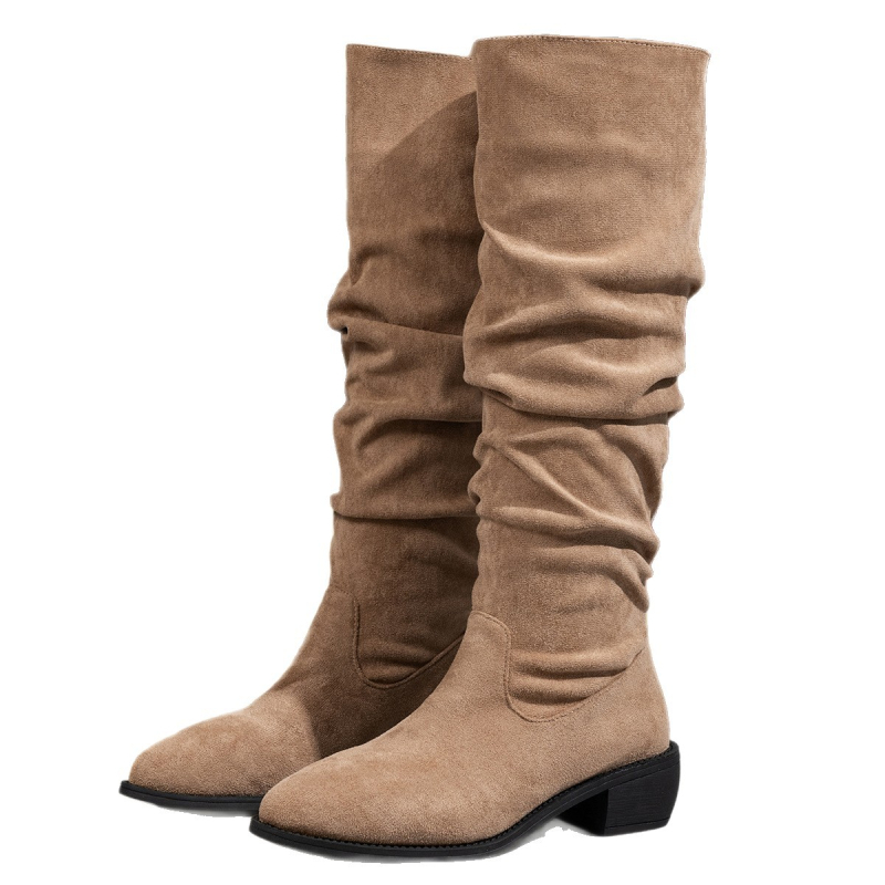 Ženske baršunaste čizme za jahanje s visokim gornjim dijelom, oštrim vrhom, srednje visokim petom 3–5 cm, gumeni potplat
