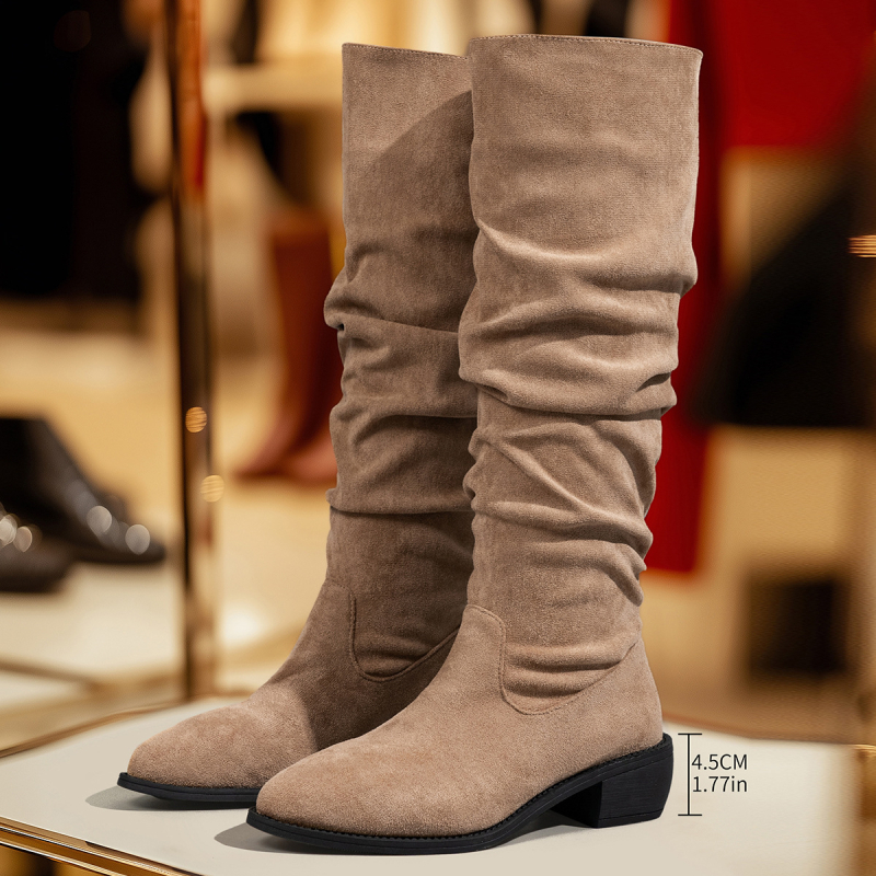 Ženske baršunaste čizme za jahanje s visokim gornjim dijelom, oštrim vrhom, srednje visokim petom 3–5 cm, gumeni potplat