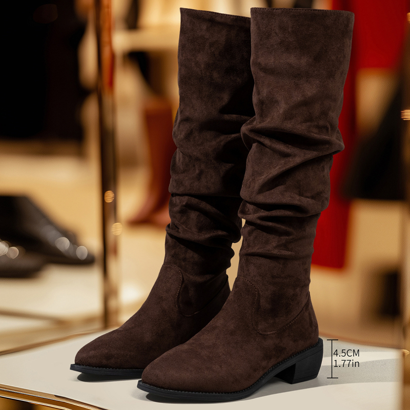 Ženske baršunaste čizme za jahanje s visokim gornjim dijelom, oštrim vrhom, srednje visokim petom 3–5 cm, gumeni potplat