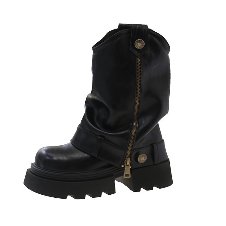 Ženske Martin čizme, srednje uzdignute potkoljenice, debeli potpetica 3–5 cm, PU gornji dio, gumeni potplat, zaobljeni vrh, britanski stil