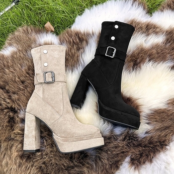 Női Martin csizmák oldalsó cipzárral, középső lábszár magasság, vastag sarkú 6–8 cm, PU felsőrész, gumi talp, retro nyugati stílus, őszi-téli 2025