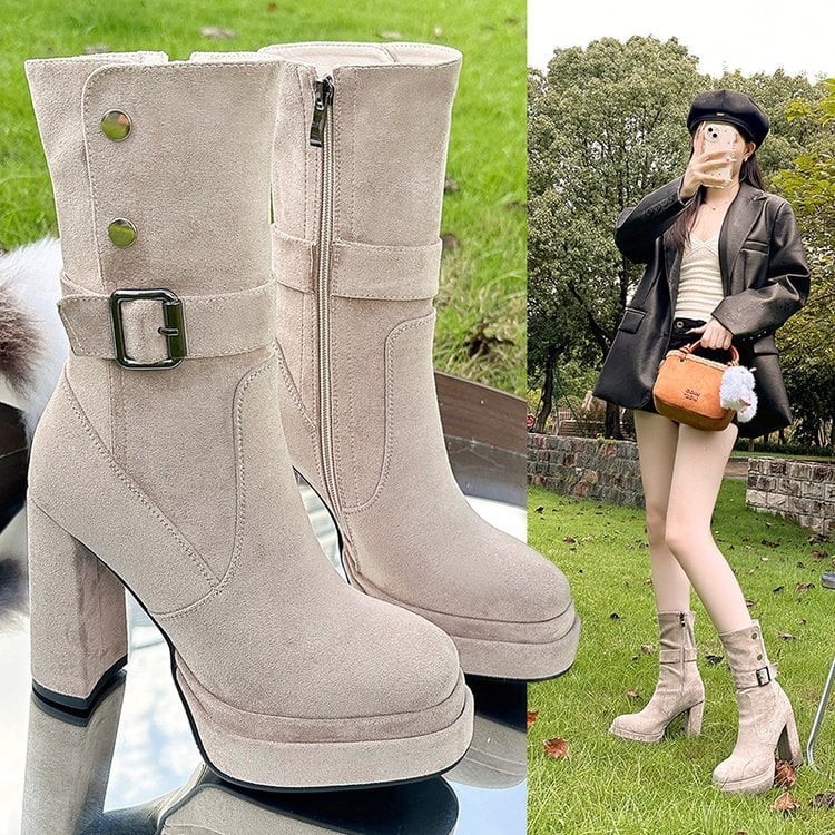 Női Martin csizmák oldalsó cipzárral, középső lábszár magasság, vastag sarkú 6–8 cm, PU felsőrész, gumi talp, retro nyugati stílus, őszi-téli 2025