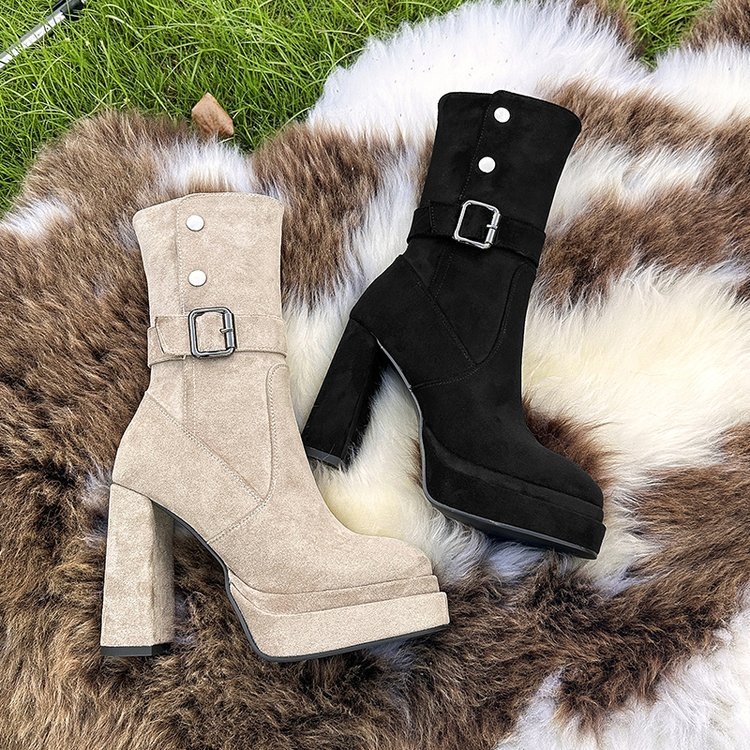 Női Martin csizmák oldalsó cipzárral, középső lábszár magasság, vastag sarkú 6–8 cm, PU felsőrész, gumi talp, retro nyugati stílus, őszi-téli 2025