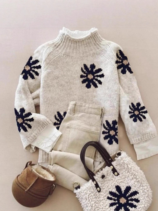 Pulover od vunene smjese s organskim pamukom, cvjetni uzorak, okrugli izrez, dugi rukavi, vintage stil, debeli pleteni