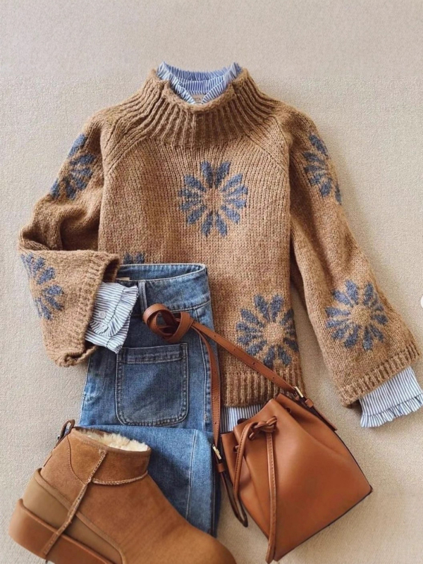 Pulover od vunene smjese s organskim pamukom, cvjetni uzorak, okrugli izrez, dugi rukavi, vintage stil, debeli pleteni