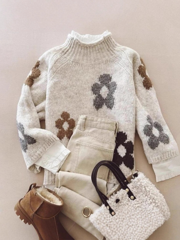 Pulover od vunene smjese s organskim pamukom, cvjetni uzorak, okrugli izrez, dugi rukavi, vintage stil, debeli pleteni