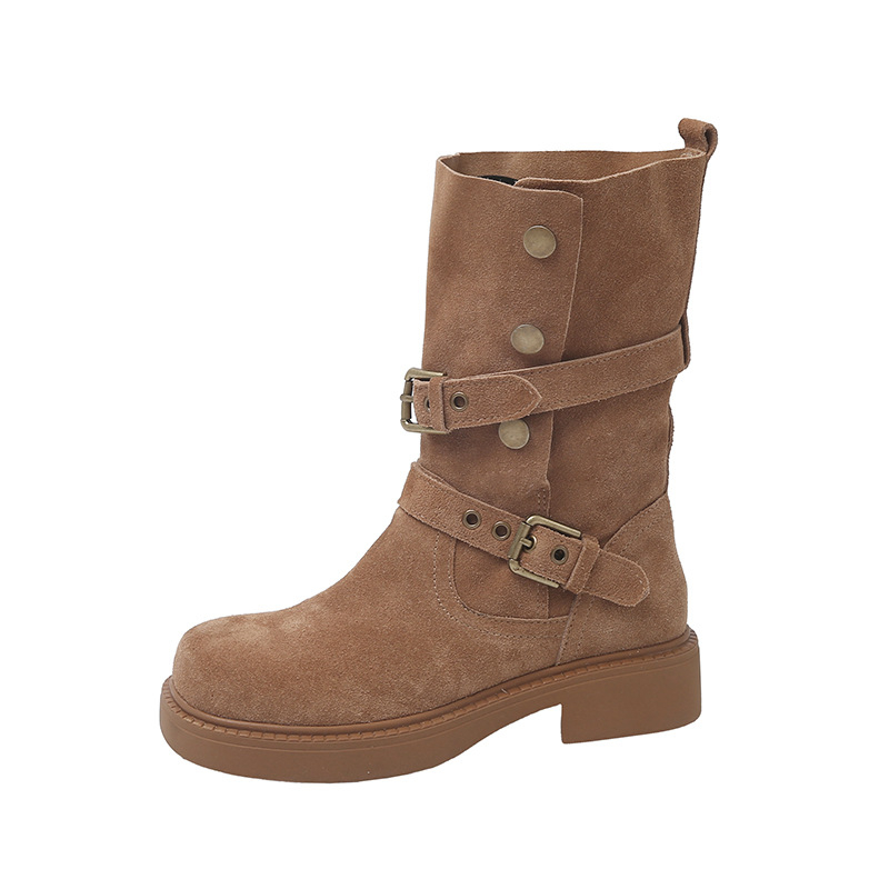 Ženske Martin gležnjače srednje visine, debeli potplat; gornji dio: kravlji velur; potplat: guma; nos: okrugli; peta: debeli blok; visina pete 3–5 cm; stil: književno-retro; značajke: vodootporne, protuklizne, tople, otporne na habanje.