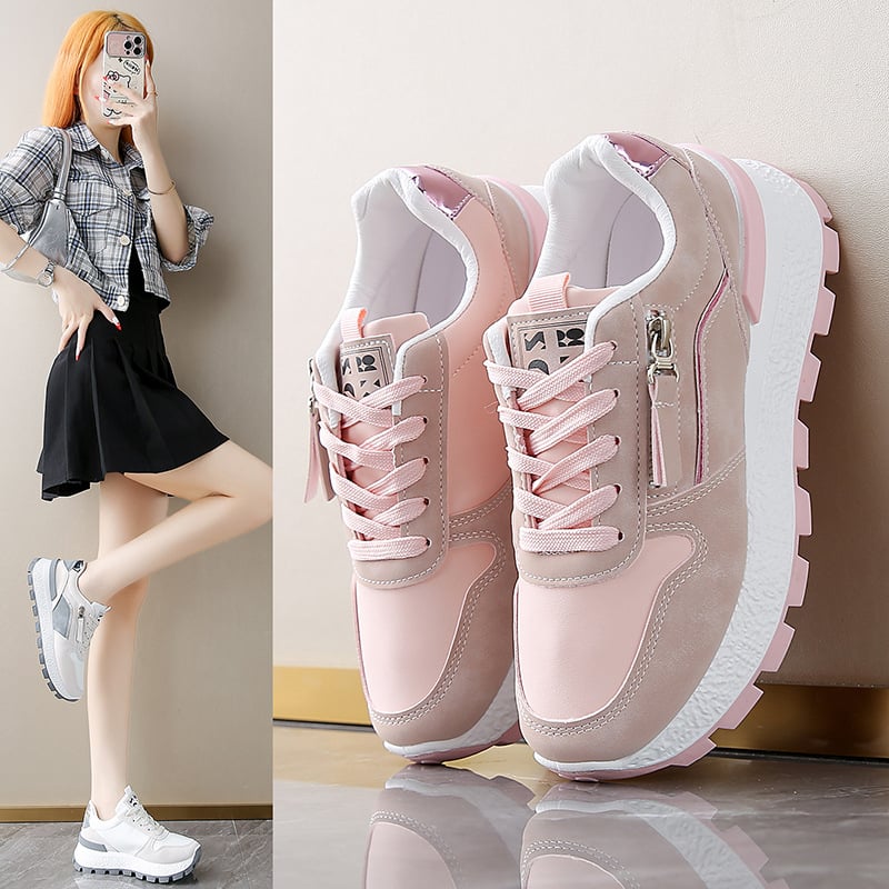 Ženske tenisice s debelim potplatom, PU kožna gornja, boja blok uzorak, vezivanje pertlama, srednja peta 3–5 cm