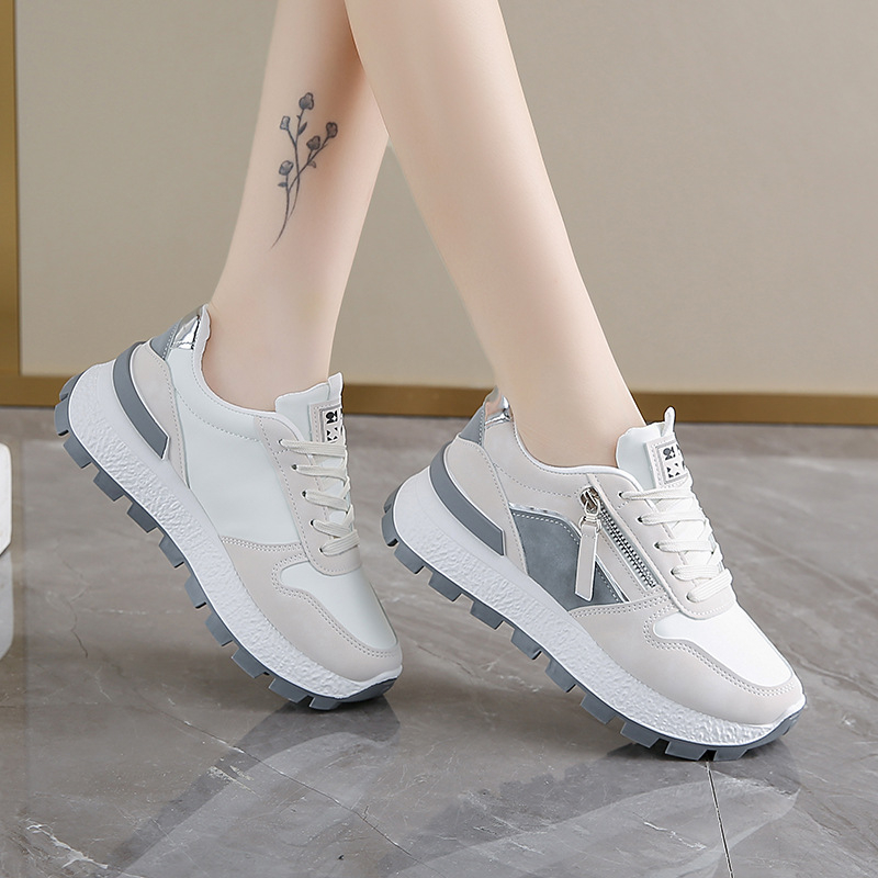 Ženske tenisice s debelim potplatom, PU kožna gornja, boja blok uzorak, vezivanje pertlama, srednja peta 3–5 cm