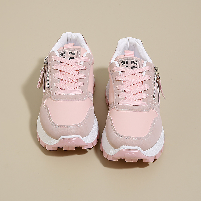 Ženske tenisice s debelim potplatom, PU kožna gornja, boja blok uzorak, vezivanje pertlama, srednja peta 3–5 cm