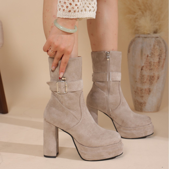 Ženske čizme u korejskom stilu s okruglim vrhom, debelim potpeticama, PU gornjim dijelom, niskim šarom