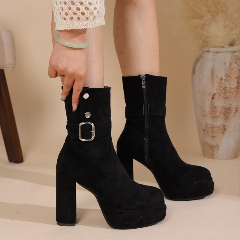 Ženske čizme u korejskom stilu s okruglim vrhom, debelim potpeticama, PU gornjim dijelom, niskim šarom