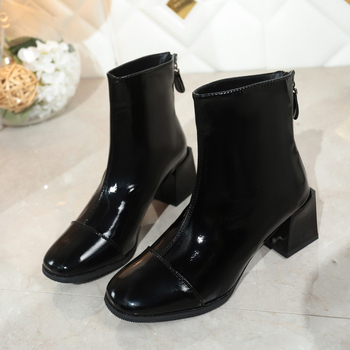 Martinske čizme za žene, PU gornji materijal, okrugli vrh, debeli visoki potpetica 6-8 cm, zatvarač na stražnjoj strani