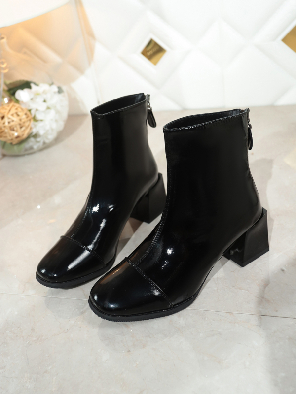 Martinske čizme za žene, PU gornji materijal, okrugli vrh, debeli visoki potpetica 6-8 cm, zatvarač na stražnjoj strani