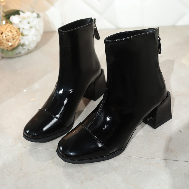 Martinske čizme za žene, PU gornji materijal, okrugli vrh, debeli visoki potpetica 6-8 cm, zatvarač na stražnjoj strani