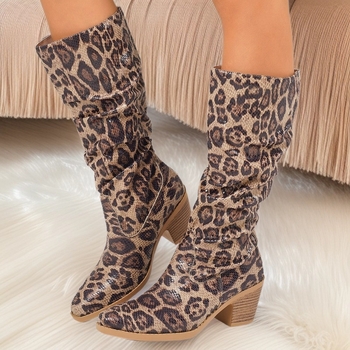Čizme iznad koljena s leopard uzorkom, pull-on, PU gornji dio, gumena potplat, srednja peta 3-5 cm