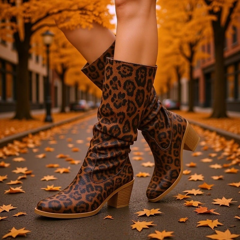 Čizme iznad koljena s leopard uzorkom, pull-on, PU gornji dio, gumena potplat, srednja peta 3-5 cm