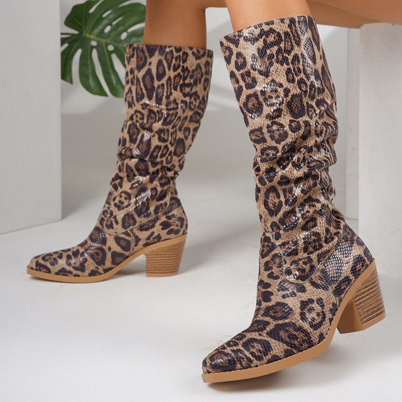 Čizme iznad koljena s leopard uzorkom, pull-on, PU gornji dio, gumena potplat, srednja peta 3-5 cm