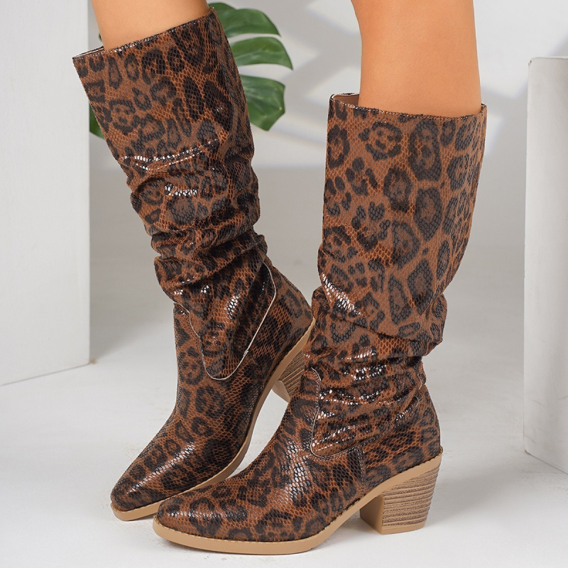 Čizme iznad koljena s leopard uzorkom, pull-on, PU gornji dio, gumena potplat, srednja peta 3-5 cm