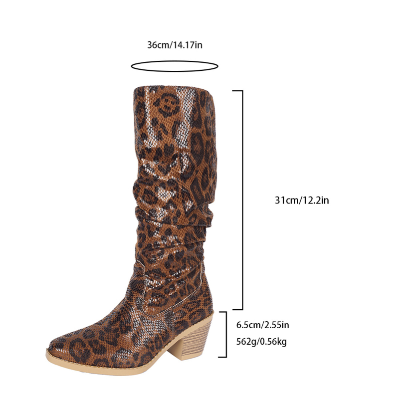 Čizme iznad koljena s leopard uzorkom, pull-on, PU gornji dio, gumena potplat, srednja peta 3-5 cm