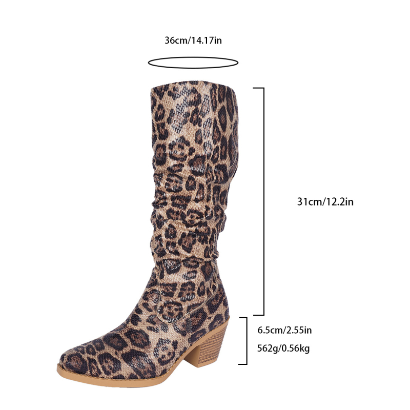 Čizme iznad koljena s leopard uzorkom, pull-on, PU gornji dio, gumena potplat, srednja peta 3-5 cm