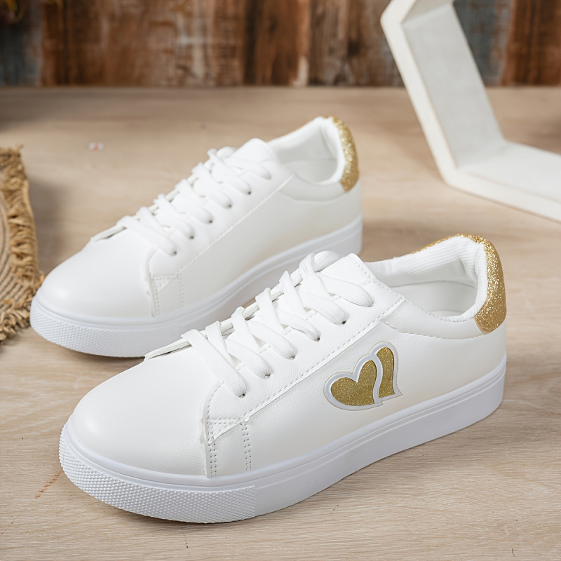 Male bijele ženske mokasine - srcolni uzorak, vezanje, okrugli vrh, PU gornji dio, gumeni potplat