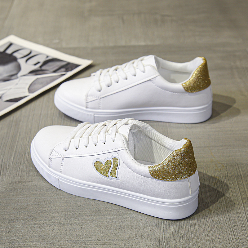 Male bijele ženske mokasine - srcolni uzorak, vezanje, okrugli vrh, PU gornji dio, gumeni potplat