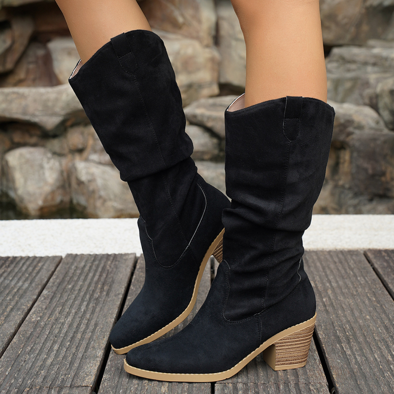 Ženske čizme do sredine potkoljenice od velura – oštar vrh, srednji potpetica, gumena potplata, bez zatvarača