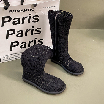 Ženske ljetne sandale od čipkaste mreže – okrugli vrh, mikrovlaknast gornji dio, gumena potplata, stražnji remen, kopča s jednim remenom