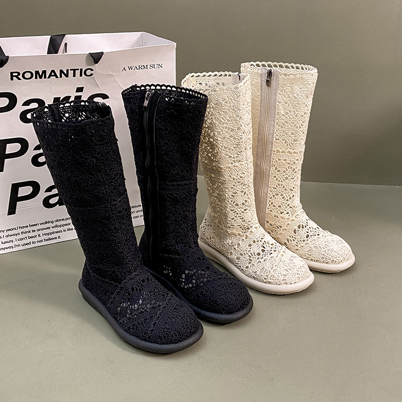 Ženske ljetne sandale od čipkaste mreže – okrugli vrh, mikrovlaknast gornji dio, gumena potplata, stražnji remen, kopča s jednim remenom