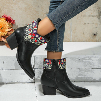 Ženske gležnjače od PU, špičasti nos, debeli pet 3-5 cm, etnički stil, bočni zatvarač