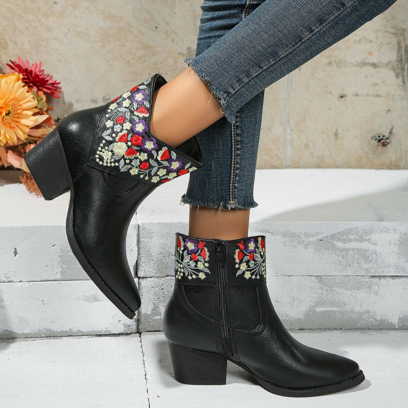 Ženske gležnjače od PU, špičasti nos, debeli pet 3-5 cm, etnički stil, bočni zatvarač