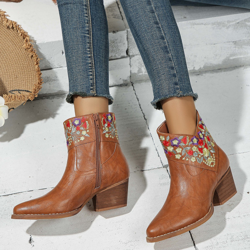 Ženske gležnjače od PU, špičasti nos, debeli pet 3-5 cm, etnički stil, bočni zatvarač