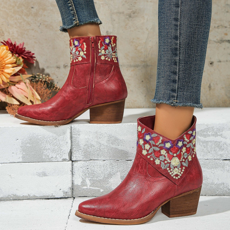 Ženske gležnjače od PU, špičasti nos, debeli pet 3-5 cm, etnički stil, bočni zatvarač