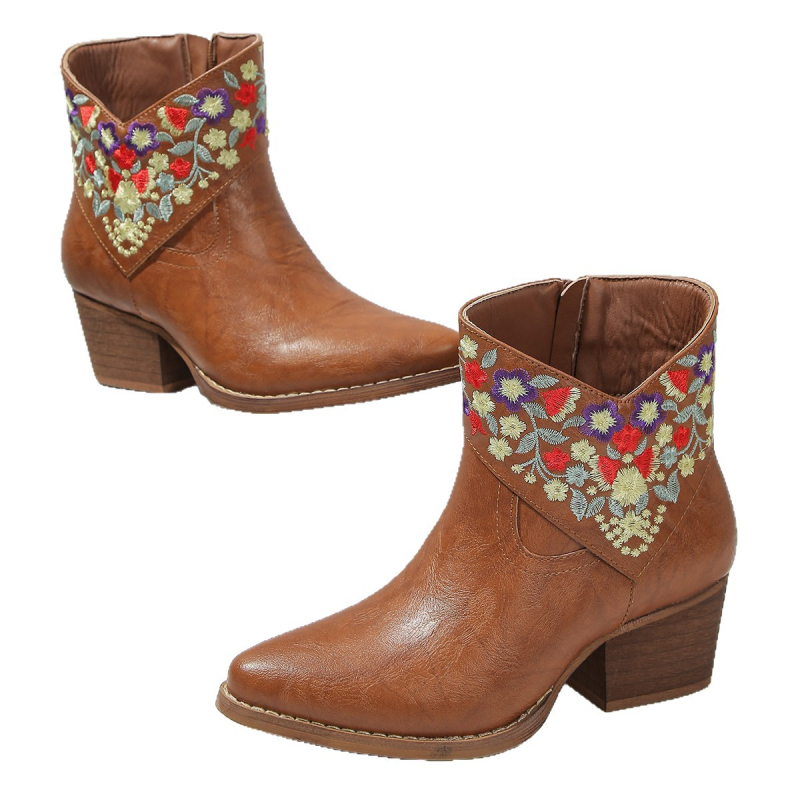 Ženske gležnjače od PU, špičasti nos, debeli pet 3-5 cm, etnički stil, bočni zatvarač