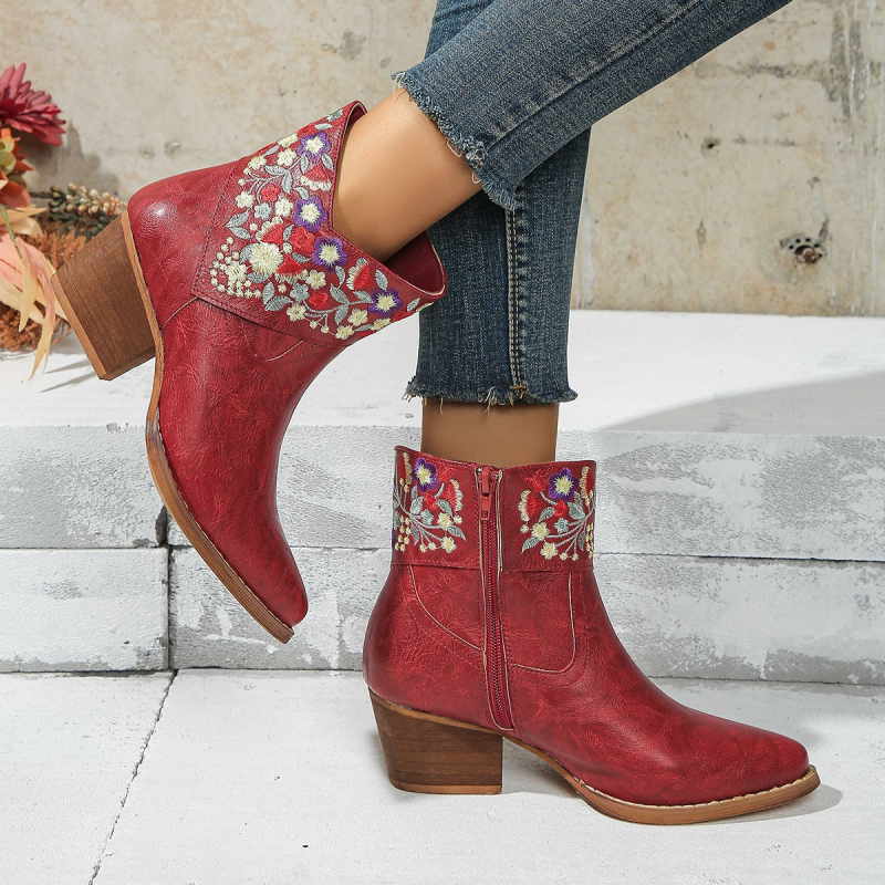 Ženske gležnjače od PU, špičasti nos, debeli pet 3-5 cm, etnički stil, bočni zatvarač