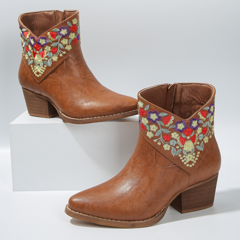 Ženske gležnjače od PU, špičasti nos, debeli pet 3-5 cm, etnički stil, bočni zatvarač