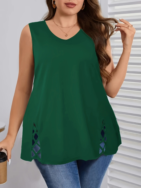 Plus-size dámske tielko bez rukávov s V výstrihom, prekríženými ramienkami a otvoreným chrbtom, ležérny letný top (Materiál: Milk Silk; Hlavné zloženie: Polyester 95%+; Druhé zloženie: Spandex; Dĺžka: Normálna 50–65 cm; Strih: Voľný)